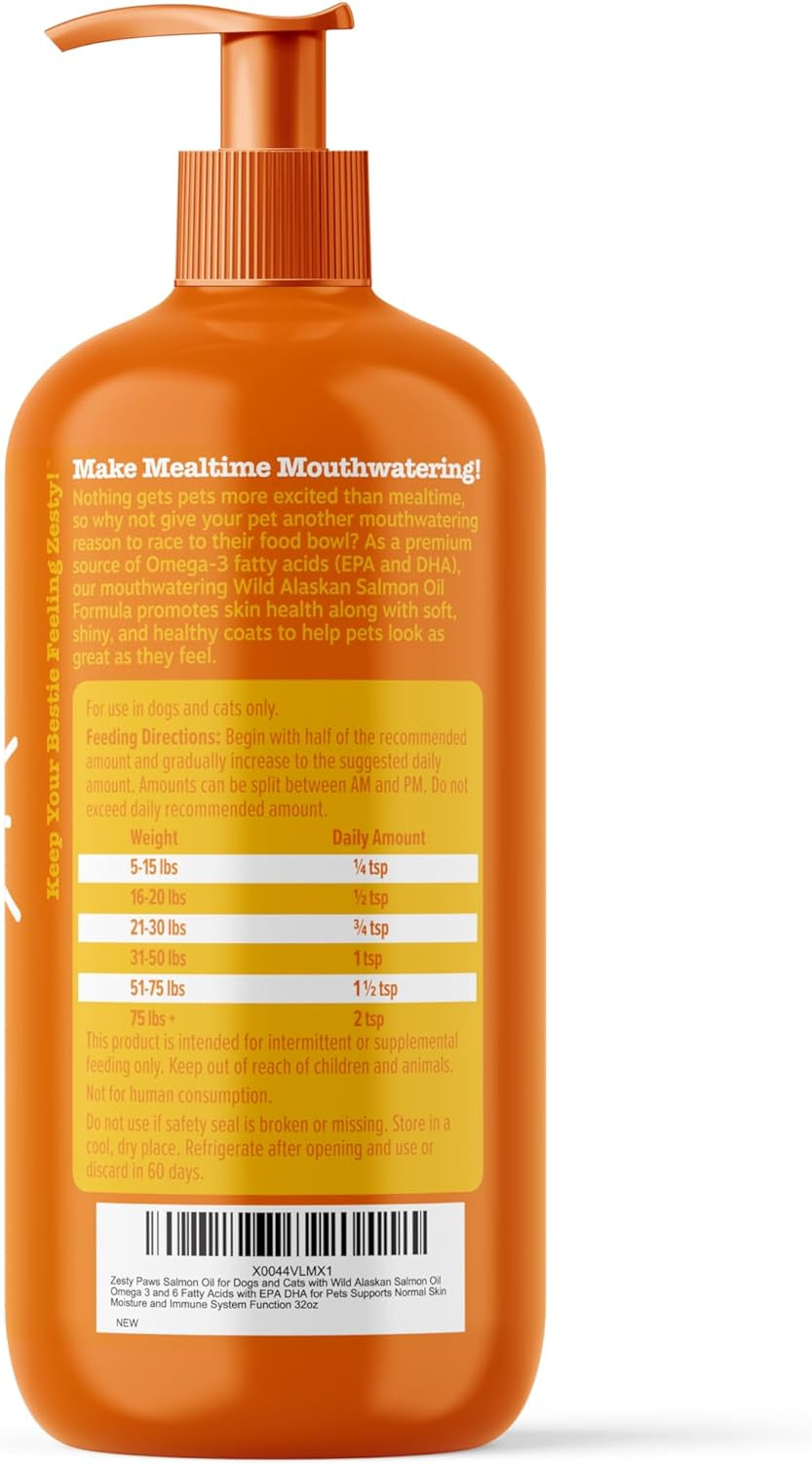 Wild Alaskan Salmon Oil for Dogs & Cats - Omega 3 Skin & Coat Support - Liquid Food Supplement for Pets - Natural EPA + DHA Fatty Acids for Joint Function, Immune & Heart Health 32Oz