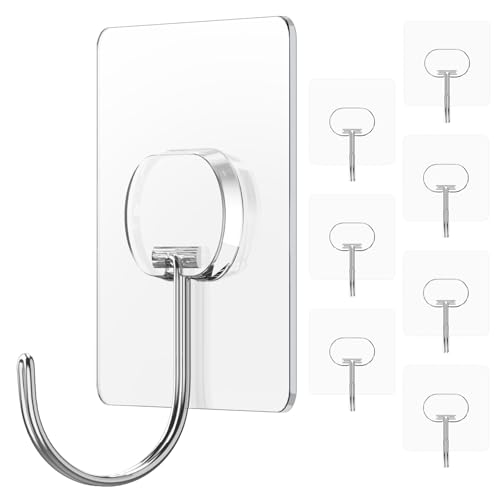 Adhesive Wall Hooks No Drill Large Clear Heavy Duty,13LB Sticky 8 Pack