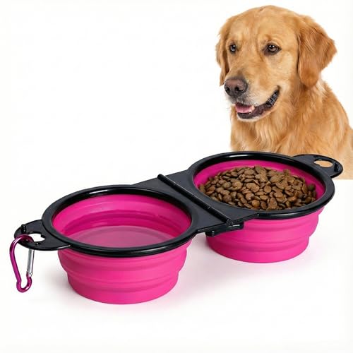 Double Collapsible Dog Bowls for Travel, Food and Water Set with Clip, Pink