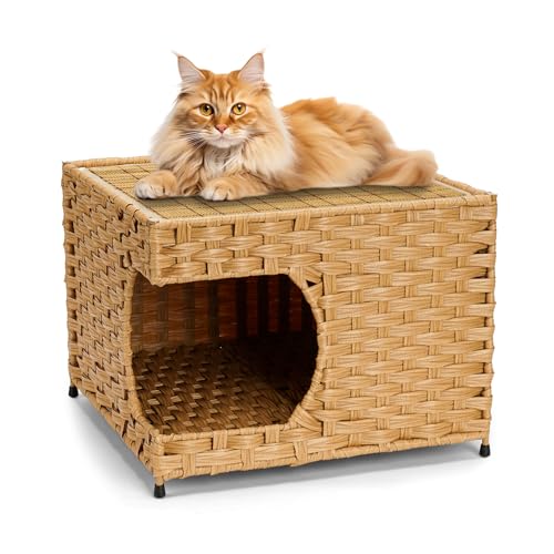 Cat House for Indoor Cats - Wicker Cat Bed with Double-Sided Soft Cushion, Decorative Handwoven Pet Bed Furniture