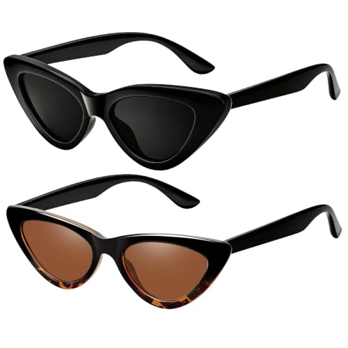 Joopin 2 Pack Cat Eye Sunglasses for Women Polarized UV Protection, Retro Black Cateye Sun Glasses, Trendy Cat Framed Cheetah Shades
