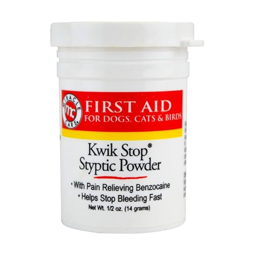 Miracle Care Kwik Stop Styptic Powder for Dogs, Cats, and Birds, 0.5 Ounce | Fast Acting Blood Stop Powder with Pain Relieving Benzocaine, For Nail & Claw Clipping, Wing Trimming, or Minor Cuts