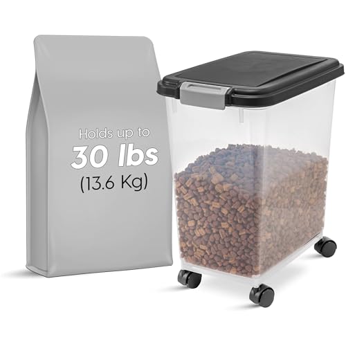 IRIS USA Airtight Pet Food Storage Container with Wheels, Black, 30 lb Capacity - BPA-Free Clear Plastic Bin with Snap-Lid Seal to Keep Kibble, Pellets or Seeds Fresh for Dogs, Cats and Birds