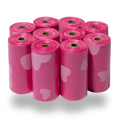 Best Pet Supplies Dog Poop Bags for Waste Refuse Cleanup, Doggy Roll Replacements for Outdoor Puppy Walking and Travel, Leak Proof and Tear Resistant, Thick Plastic - Pink Heart, 150 Bags