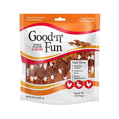 Good 'n' Fun Triple Flavor Kabobs Chews for All Dogs, 24 Ounces, Treat Your Dog to Long-Lasting Chews Made from Beef Hide, Real Chicken, Pork Hide, Duck and Chicken Liver