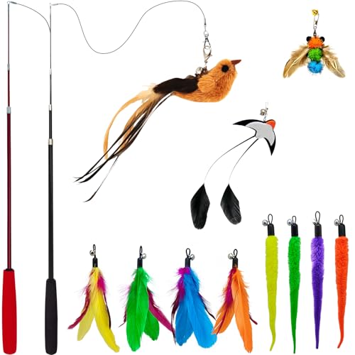 miwoowim Interactive Cat Wand Toy Set, 2 Telescopic Rods & 11 Attachments