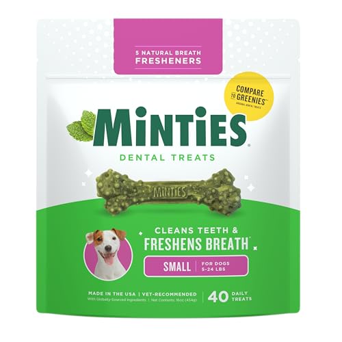 Minties Dog Dental Bone Treats, Tiny/Small 5-25 lbs, 40 Ct | Vet-recommended mint dental bone; scrubs teeth as dogs chew; fights plaque, tartar & bad breath; no soy/wheat/corn