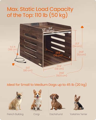 Feandrea Modern Dog Crate Furniture with Charging Station, Medium Kennel Indoor with Flip-up Hidden Acrylic Door, for Small and Medium Dogs up to 45 lb, Pet Side End Table Cage, Natural Walnut