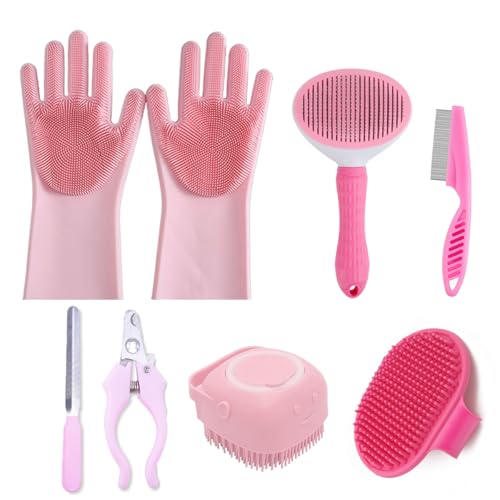8PCS Dog Bath Supplies Set,Dog Washing Gloves,Shampoo Brush, Shedding Slicker Brush,Complete Pet Grooming Kit for Dog&Cat and Small Animal Grooming(8PCS-Bath-Pink)