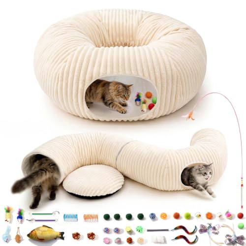 MOYMO Cat Tunnel Bed with 40 Pcs Interactive Cat Toys, White