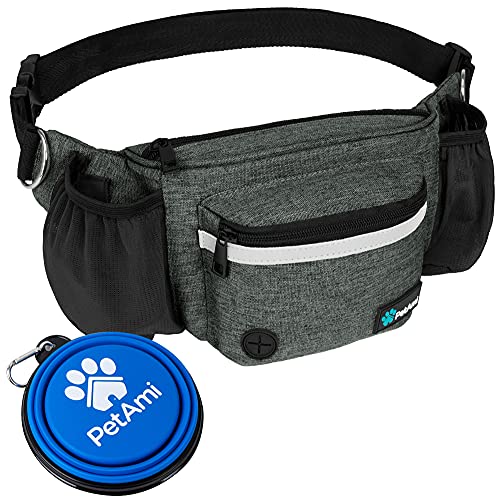 PetAmi Dog Fanny Pack, Treat Pouch for Dog Walking, Training, Built in Poop Bag Dispenser, Water Bottle Holder, Collapsible Bowl, Pet Treat Waist Belt for Hiking, Running, Kibbles (Charcoal)