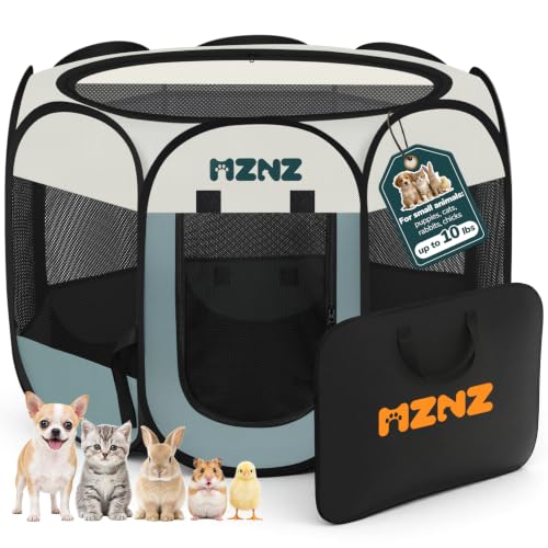 MZNZ Dog Playpen, Portable Cat Playpen Crate Indoor for Dogs Cats Rabbits, Foldable Small Animal Guinea Pigs Bunny Cage Enclosure for Outdoor, Pop Up Dogs Cats Tent Kennel with Carrying Case, Grey
