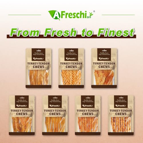A Freschi srl Turkey Tendons for Dogs, Healthy Dog Treats, Rawhide-Free Puppy Chews, All Natural, Hypoallergenic Dog Treats, USA-Sourced Dog Snack, Dog Biscuit, Braided Sticks, 3.5 oz Pack