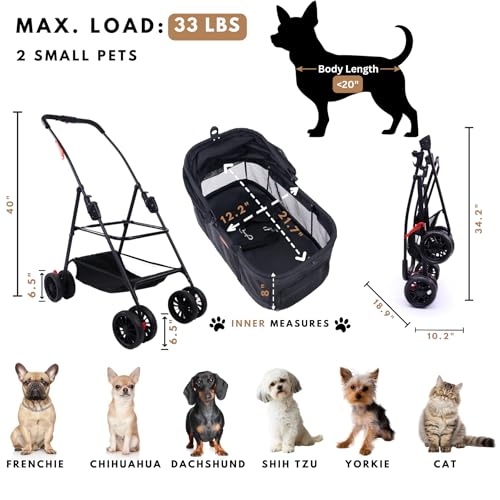 Bicystar Pet Stroller for Small Dogs Cats with Wheels, Detachable Carrier, Max Load 33 lbs, Easy Folding, Compact Portable, Dog Carriage Cart Car Seat 3 in 1