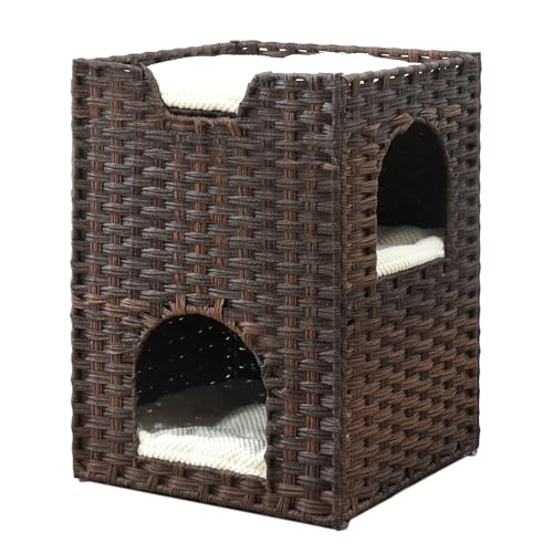 Cat Bed for Indoor Cats, a Stylish Cat Hideaway & Cat House - Handwoven Rattan Cat Cave Bed with Soft Cushion, Foldable Cat Cubes for Indoor Cats, Sturdy Cat Perch & Furniture Coffee Brown