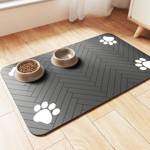 Pet Feeding Mat-Absorbent Pet Placemat for Food and Water Bowl, with Waterproof Rubber Backing, Quick Dry Water Dispenser Mat for Dog and Cat (20"x12", Striped Dark Gray)