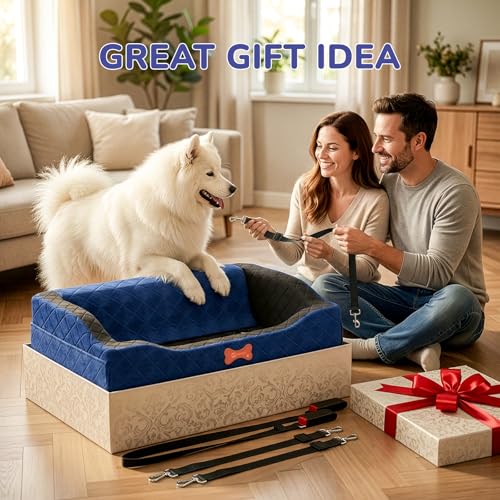Dog Car Seat for Medium Large Dogs, 4" Elevated Dog Booster Seat with ISOFIX Safety Fixation, Washable Cover & High Density Memory Foam, Portable for Car Front/Rear/Trunk Home Outdoor Use (Navy Blue)