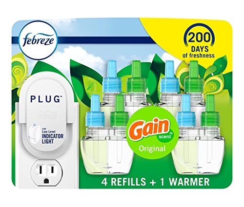 Febreze Plug-In Air Freshener, Odor-Fighting Scented Oil Starter Kit, Air Fresheners for Home, Bathroom and Kitchen, Long Lasting, Gain Original Scent, Warmer + 4 Refill, Multicolor
