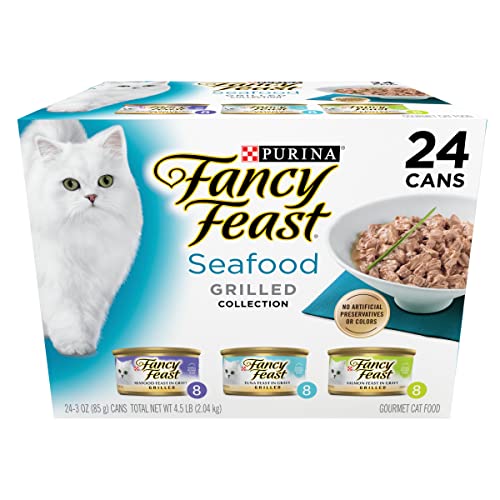 Purina Fancy Feast Grilled Seafood Wet Cat Food, 3 oz Cans, 24-Pack | Variety Pack, crafted with real seafood in savory gravy. Made with no Artificial Colors or Preservatives.
