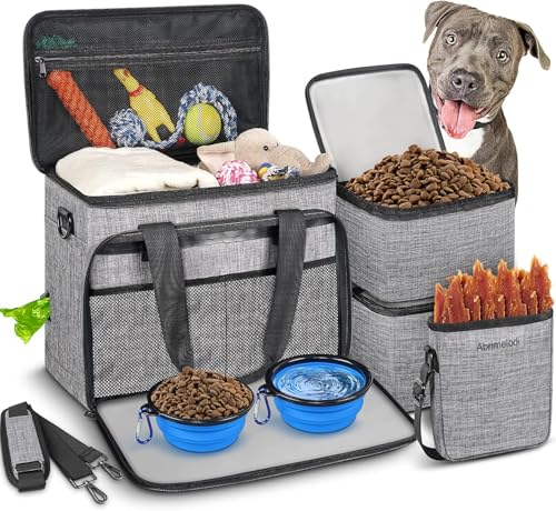 Abrimelodi 6 Set Dog Travel Bag, Large Pet Travel Kit for Supplies Includes 2 Food Containers, 1 Pet Organizer for Dogs, 2 Collapsible Bowls, 1 Treat Pouch, Dog Weekend Overnight Bag Luggage