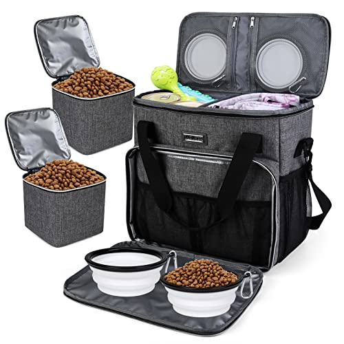 BAGLHER Dog Travel Bag with 2 Food Containers & 2 Collapsible Bowls, Pet Travel Kit with Removable Divider & Multiple Pockets, Grey