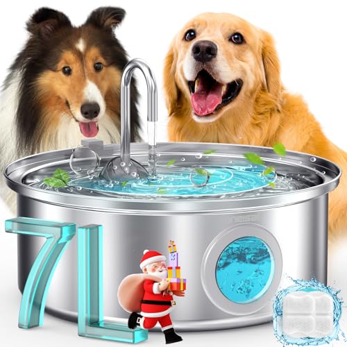 oneisall Dog Water Fountain,7L/230oz Pet Fountain Stainless Steel with Visual Water Level,Ultra-Quiet Water Bowl with 5-Stage Filtration for Large/Medium Dogs,Dispenser for Living Room Kitchen