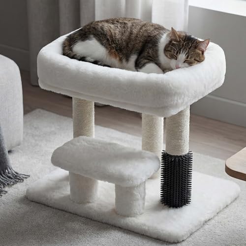 Heybly Cat Scratching Post, Small Cat Tree Tower with 3 Full Sisal Posts, Removable Plush Bed, Grooming Brush, Stable & Space-Saving Cat Furniture with Gentle Step for Indoor Cats, White HSP001SWH