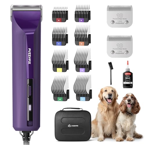FuzzyFix AmpFix Professional Dog/Pet Grooming Clippers - 2-Speed Heavy-Duty Motor, 2 Detachable Blade 8 Metal Combs, 10ft Cord, Runs Cool & Quiet, Anti-Slip Shatter-Proof Housing for All Animal Coats