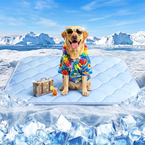 Dog Cooling Mat for Large Dogs, Long-Lasting Cool Pad for Dogs Outdoor & Indoor Use with Ice Silk Fabric & Waterproof Cover, Cooling Pet Bed 36" x 26", Non-Slip Washable Pet Blanket (Cryo Ice Blue)