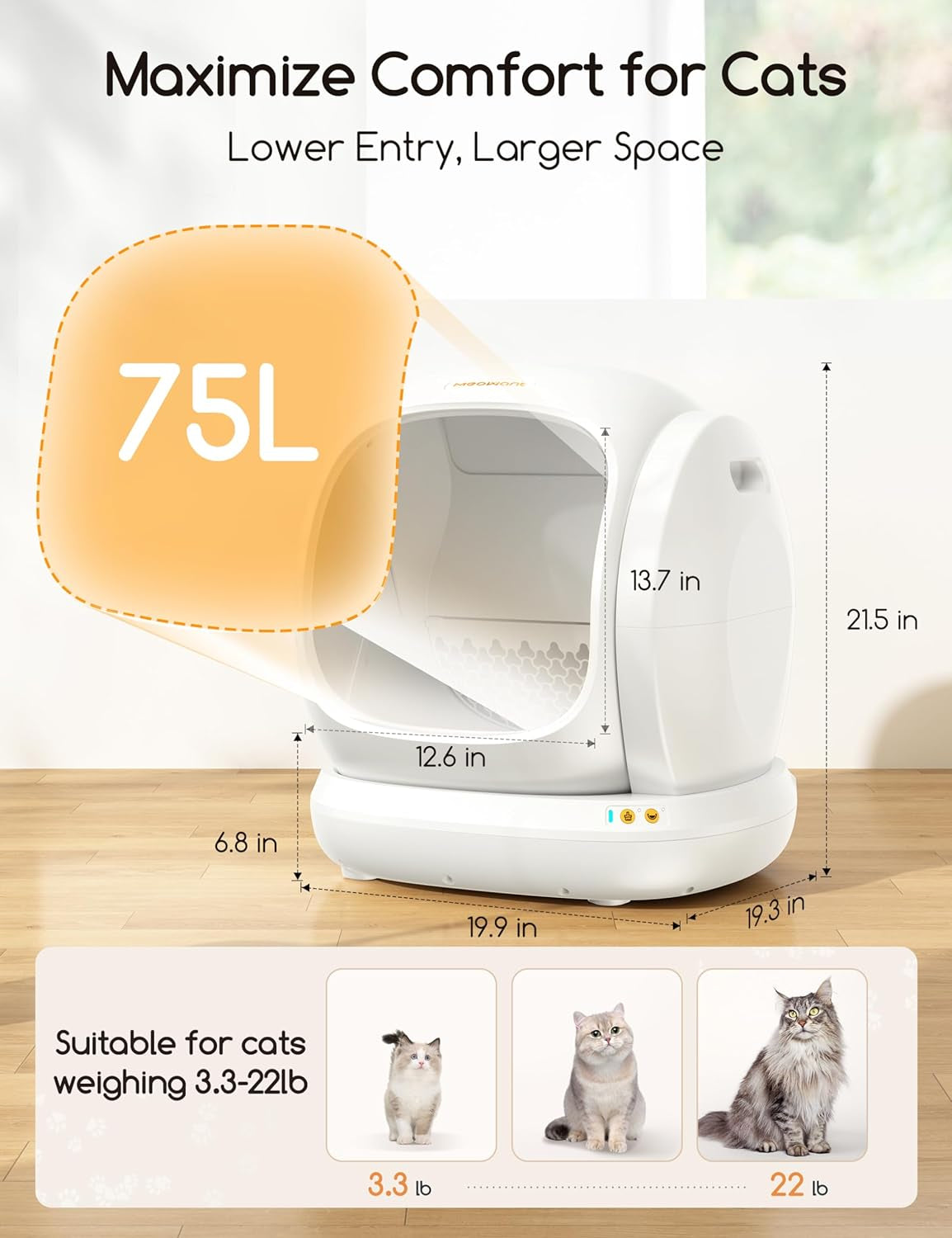 MeoWant Self-Cleaning Cat Litter Box, 75L Extra Large Open Automatic Cat Litter Box for Multi Cats, Integrated Safety Protection/APP Control/Odor Removal Smart Litter Box with Mat & Liner