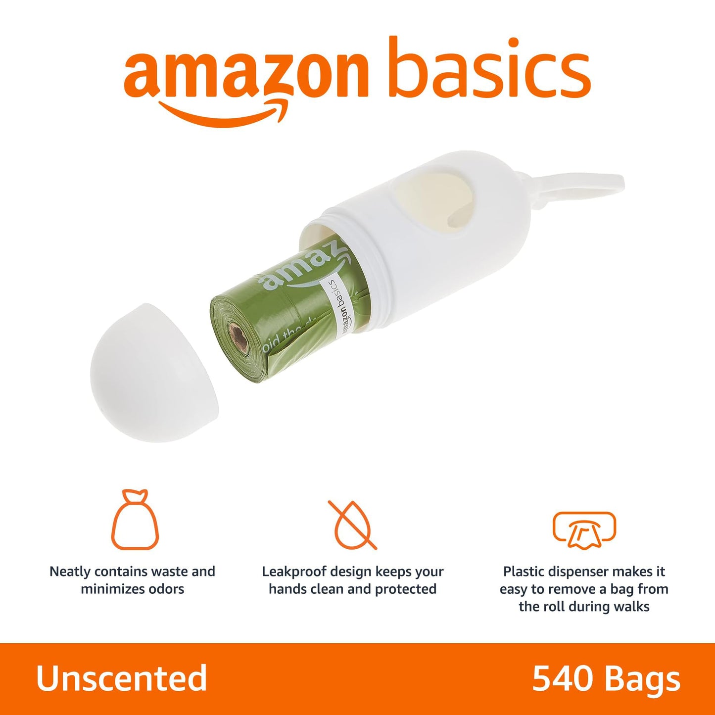 Amazon Basics Premium Leak Proof Dog Poop Bags with Dispenser and Leash Clip, Unscented, 13" x 9", 540 Count (36 Rolls of 15)
