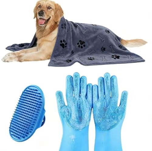 IDQQUQQ 3PCS Dog Bath Supplies,Dog Bath Brush | Dog Washing Gloves | Dog Towel 40'' X 23.6'',Super Absorbent and Soft Pet Grooming Towel, Perfect Shower & Grooming Supplies for Dogs