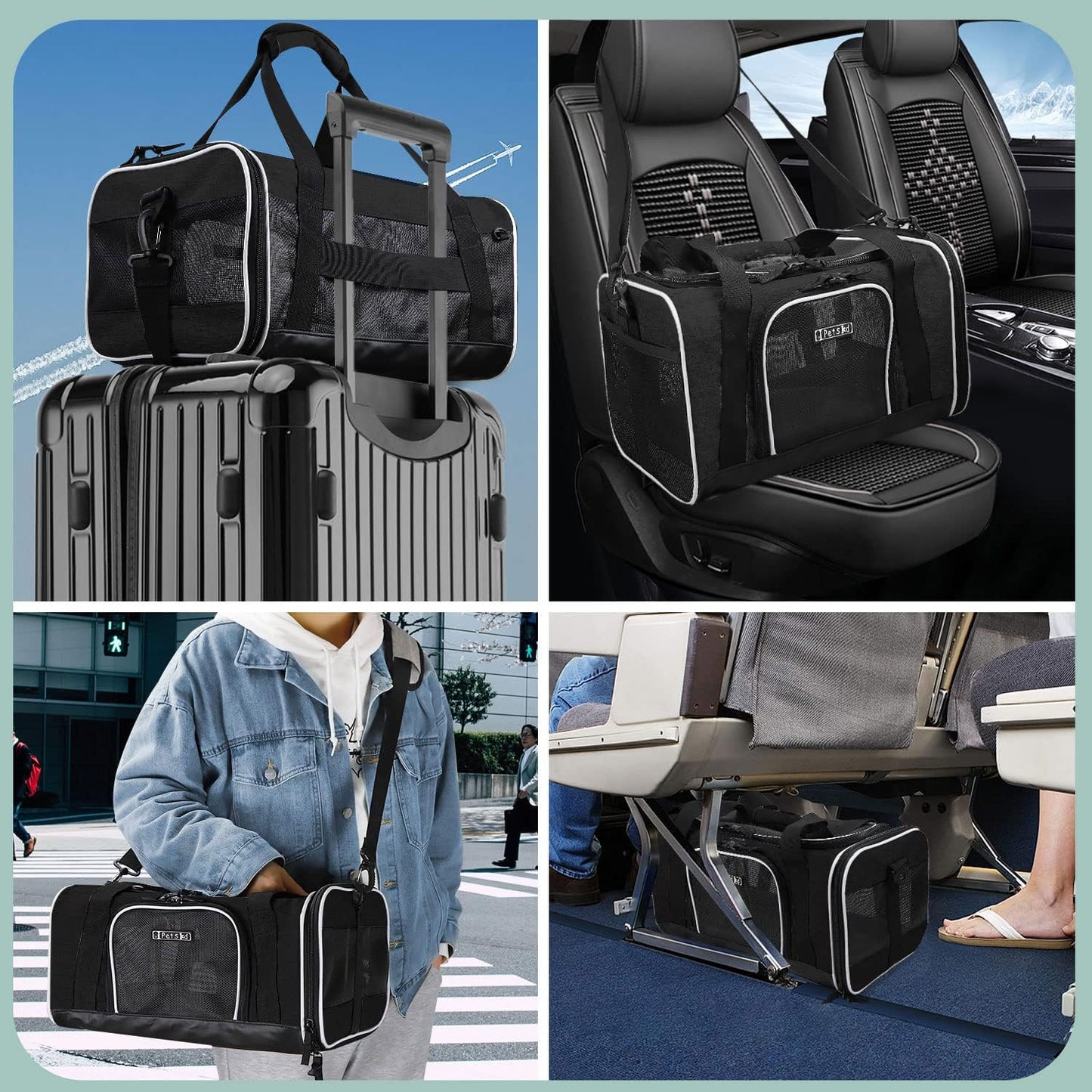 Pet Carrier with Wheels 18X12X8.5 Jetblue Allegiant Airline Approved, Soft Dog Carrier for 1-12 LBS Pets with Safety Lock Zipper(Black)