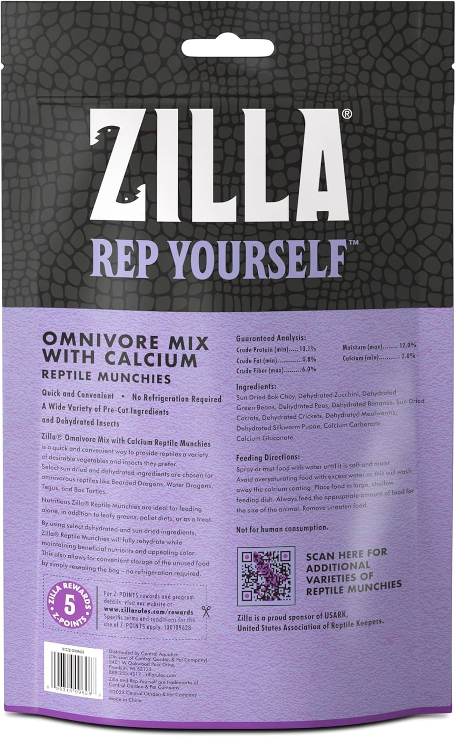Zilla Reptile Munchies, Omnivore Mix with Calcium, Dehydrated and Sun Dried Vegetables and Insects, Natural with Added Calcium, Resealable Bag 4 oz.