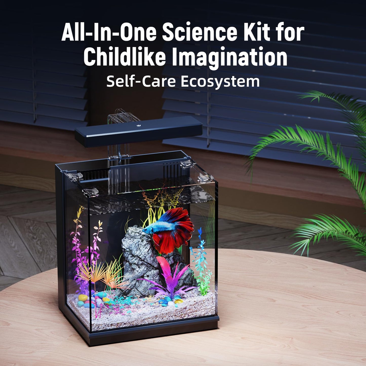 Betta Fish Tank, 2 Gallon All-in-One Aquarium Kit with Filtration & LED Light, Self-Cleaning Aquarium for Beginners, Kids, Gifts for Men,Teen Boys