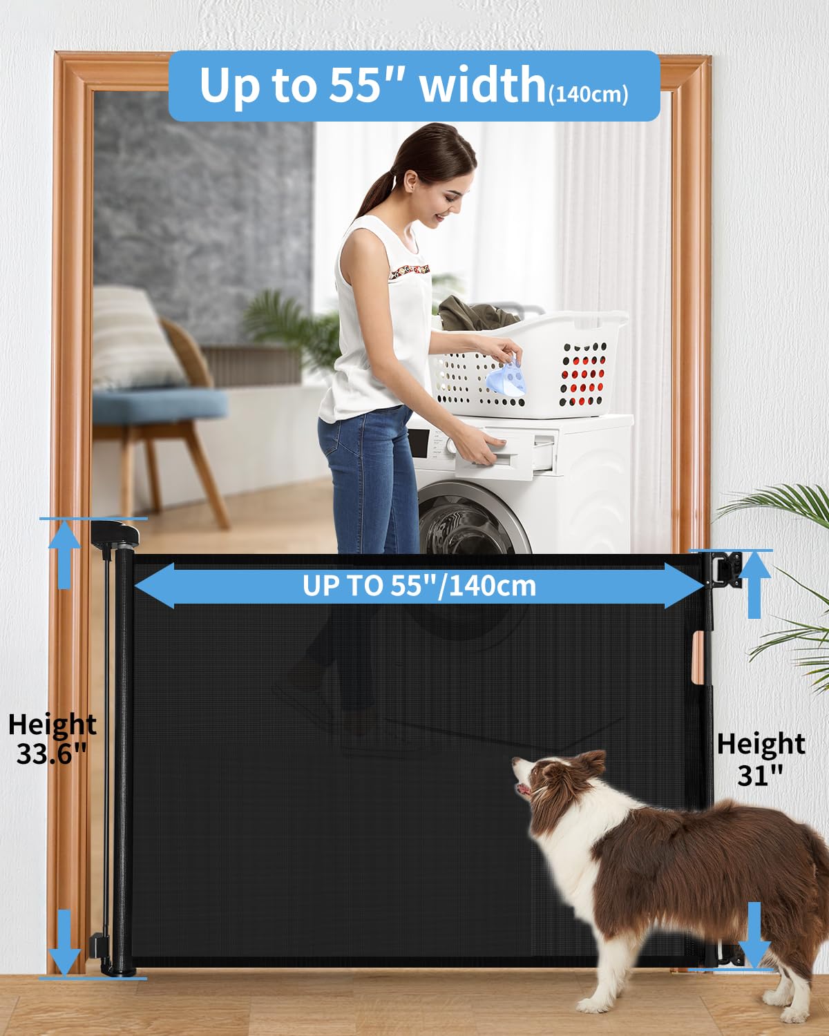 Veraste Retractable Baby Gate for Doorways and Stairs, Mesh Safety Gate for Pet, Indoor & Outdoor Use, One-Hand Operation, Easy Installation, 33.6" Tall, Expands to 55" Wide(Black,33.6"x55"