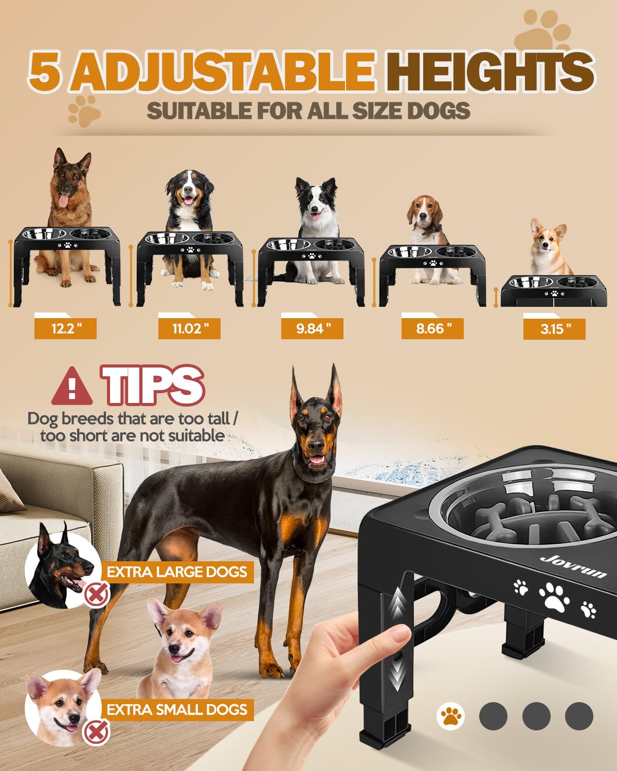 Jovrun Elevated Dog Bowls for Medium Large Size Dogs, Non-Slip Dog Feeder with 1*Stainless Steel Dishes & 1*Slow Feeder Bowl, 5 Heights Adjustable Raised Bowls to 3.15″-8.66″-9.84″-11.02″-12.2″