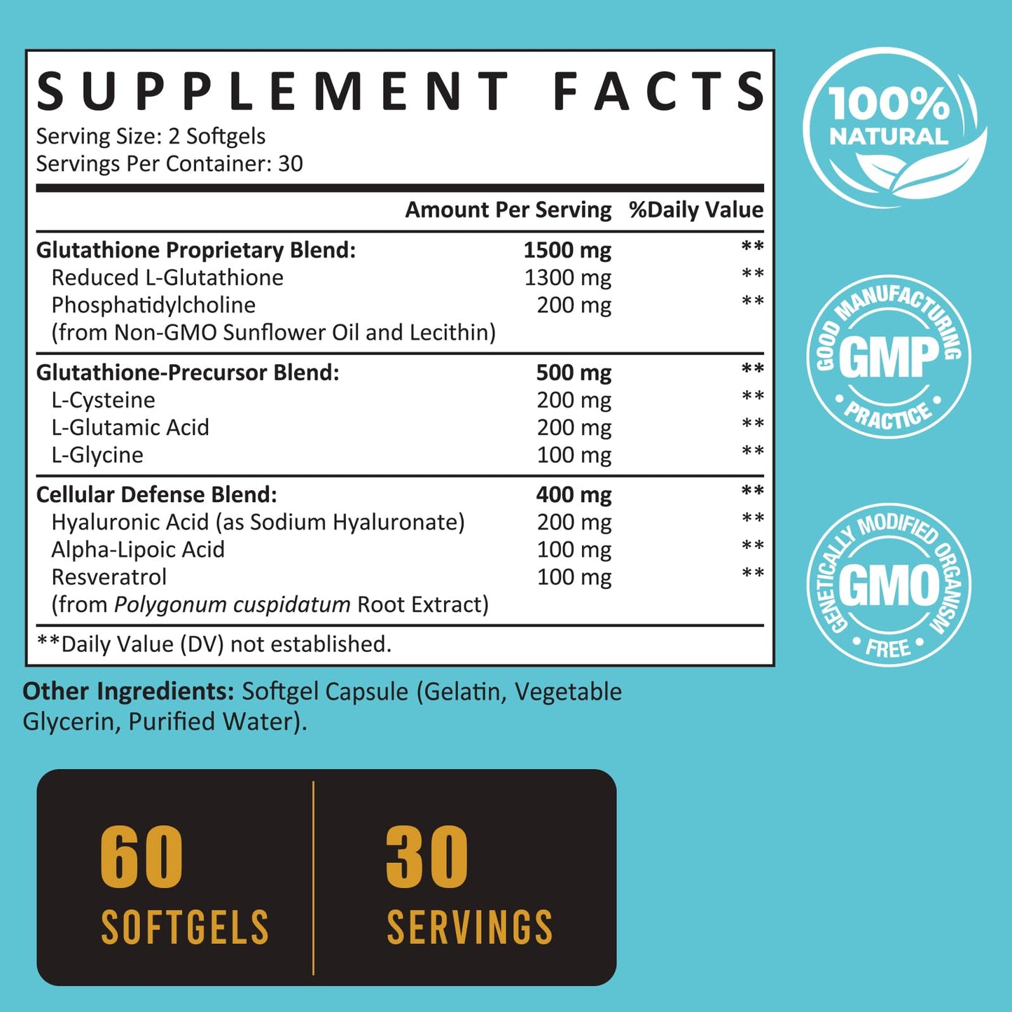 Zeylamum 2400 MG Liposomal Glutathione Softgels, Max Absorption, Active Form L-Glutathione Reduced (GSH), with Hyaluronic Acid, Resveratrol, Master Antioxidants for Brain, Immune System, 120 Softgels