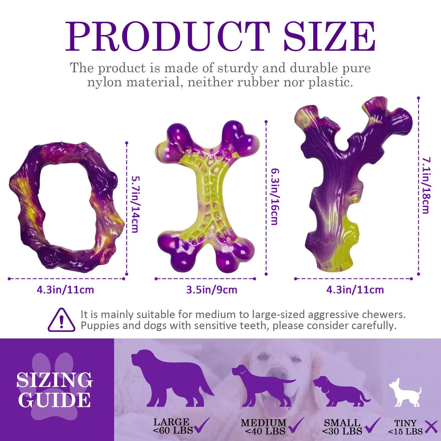 Frienhund Tough Dog Toys for Aggressive Chewers 3 Pack, Indestructible Dog Toy for Large Dogs, Dog Chew Toys to Keep Them Busy, Dog Bones for 15-60lbs Medium/Large Breeds, Interactive Dog Toys