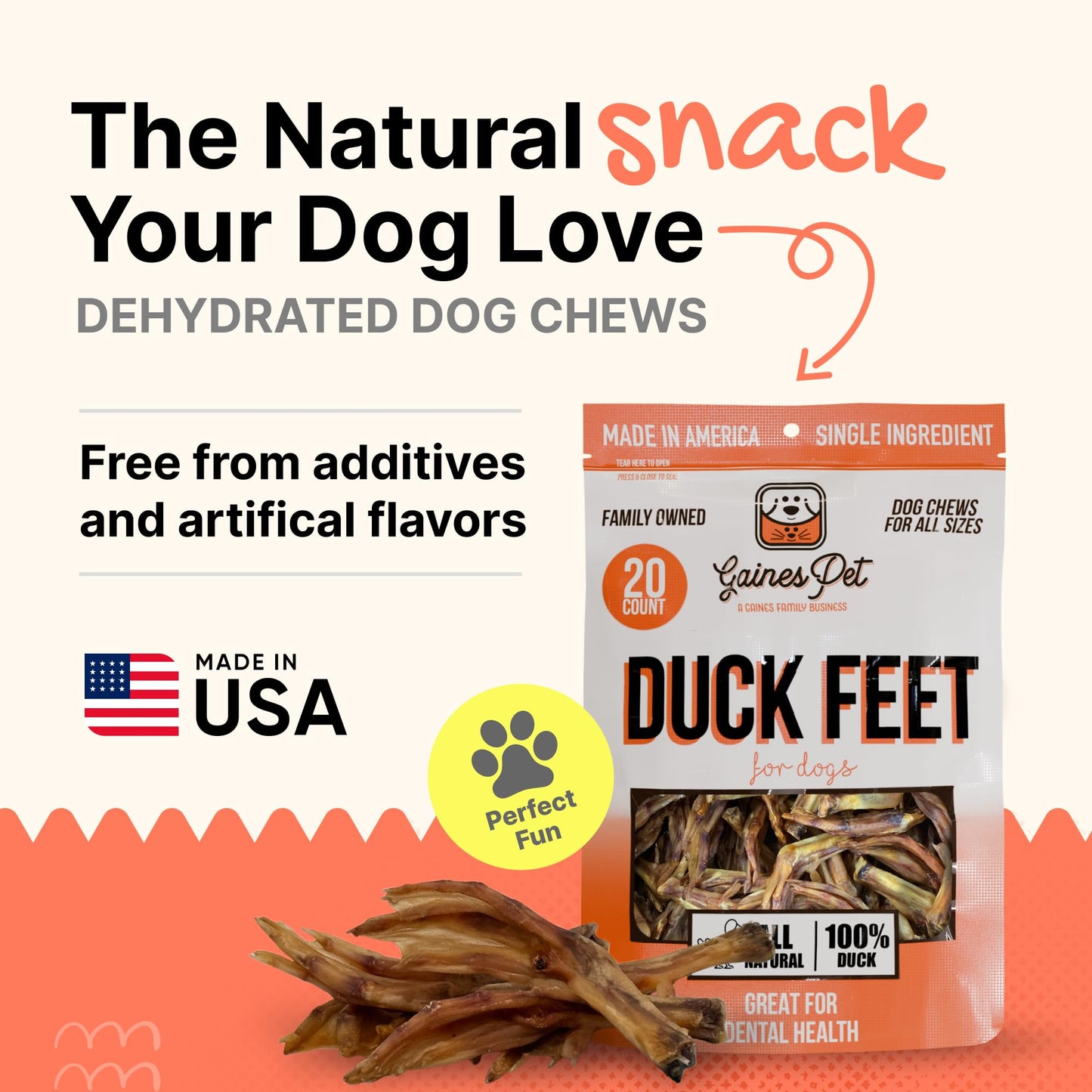 Gaines Pet Duck Feet for Dogs – 20 Count, Natural Chews with Glucosamine, Chondroitin & Collagen – Single Ingredient Dog Treats, Grain-Free, USA Made, Joint & Dental Health Support
