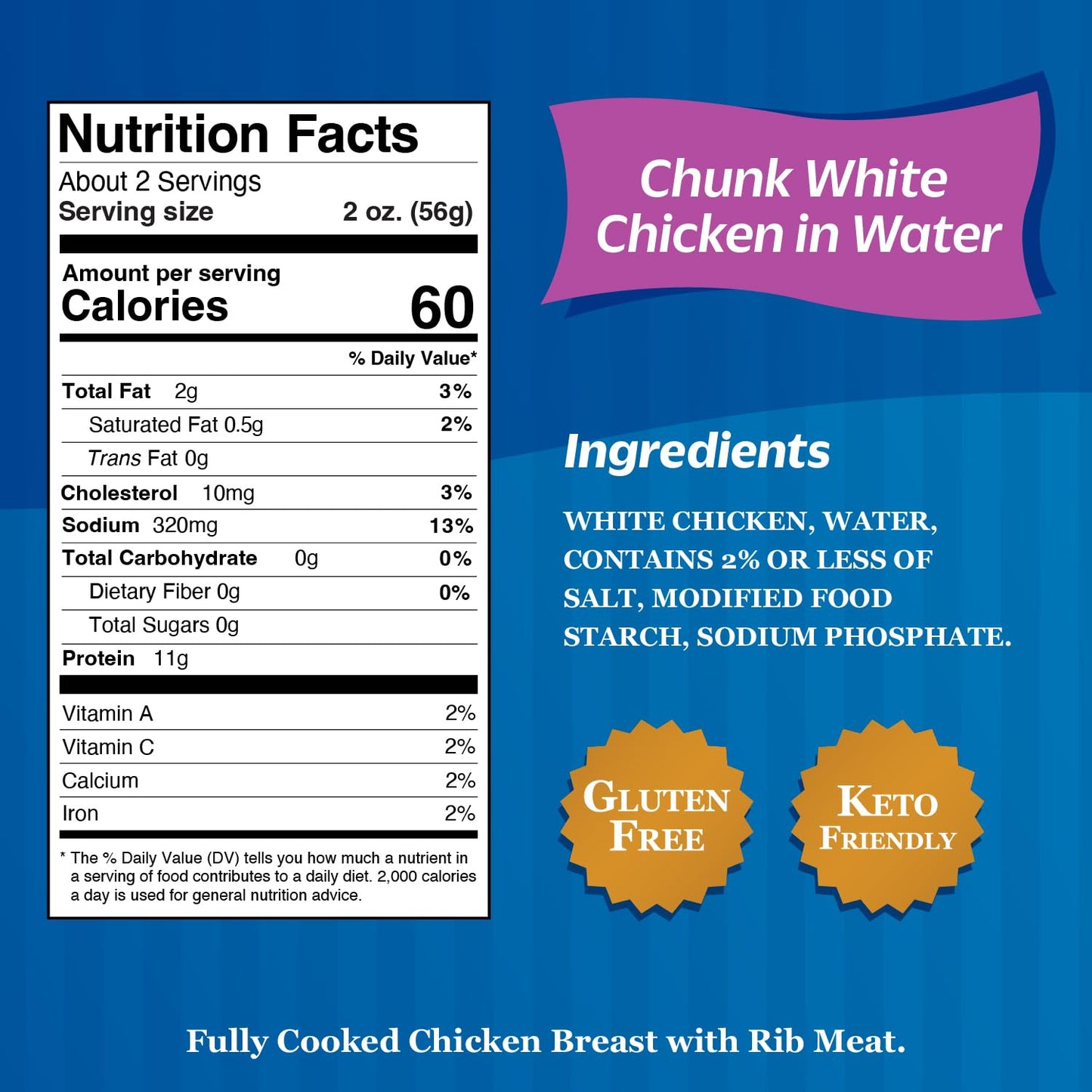 Sweet Sue Canned Chicken Breast with Rib Meat in Water - 11g Protein per Serving - Gluten Free, Keto Friendly - White Chicken Chunks Great for Snack, Lunch or Dinner Recipes - 5 oz (Pack of 24)