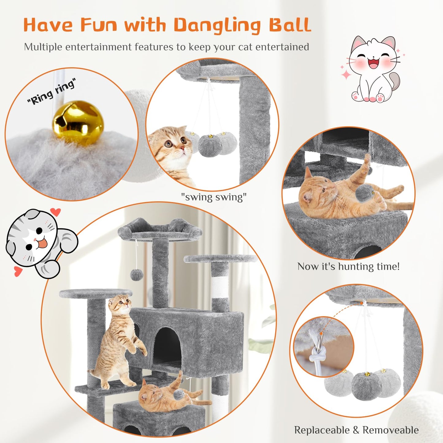 Sweetcrispy 54 Inch Cat Tree Tower, Multi-Level Tower with Cat Scratching Post, Indoor Cat Condo with Climbing Ladder, Plush Toy, Play House for Cat, Light Grey