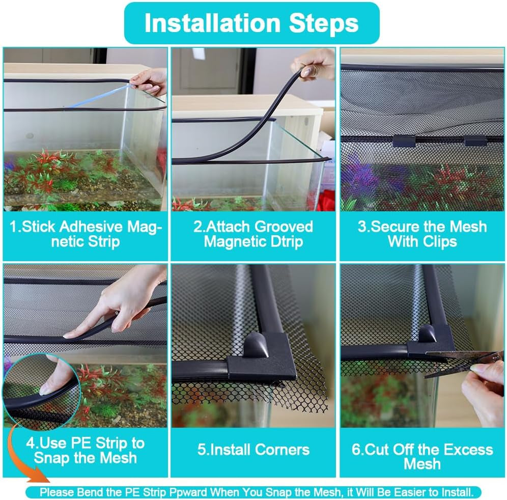 Magnetic Aquarium Cover Lid, DIY Fish Tank lid Anti-Jumping net Cover mesh Terrarium lid Aquarium Hood,Adjustable Size Fit Tank Size Max 35''X19''