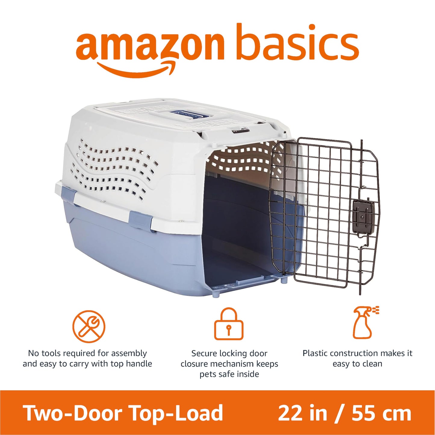 Amazon Basics Sturdy Portable 2-Door Top-Load Hard-Sided Pet Travel Carrier with Secure Ventilation, Handle, Front & Top Entry for Dogs, Cats, 22.8"L x 15"W x 13"H, Gray & Blue