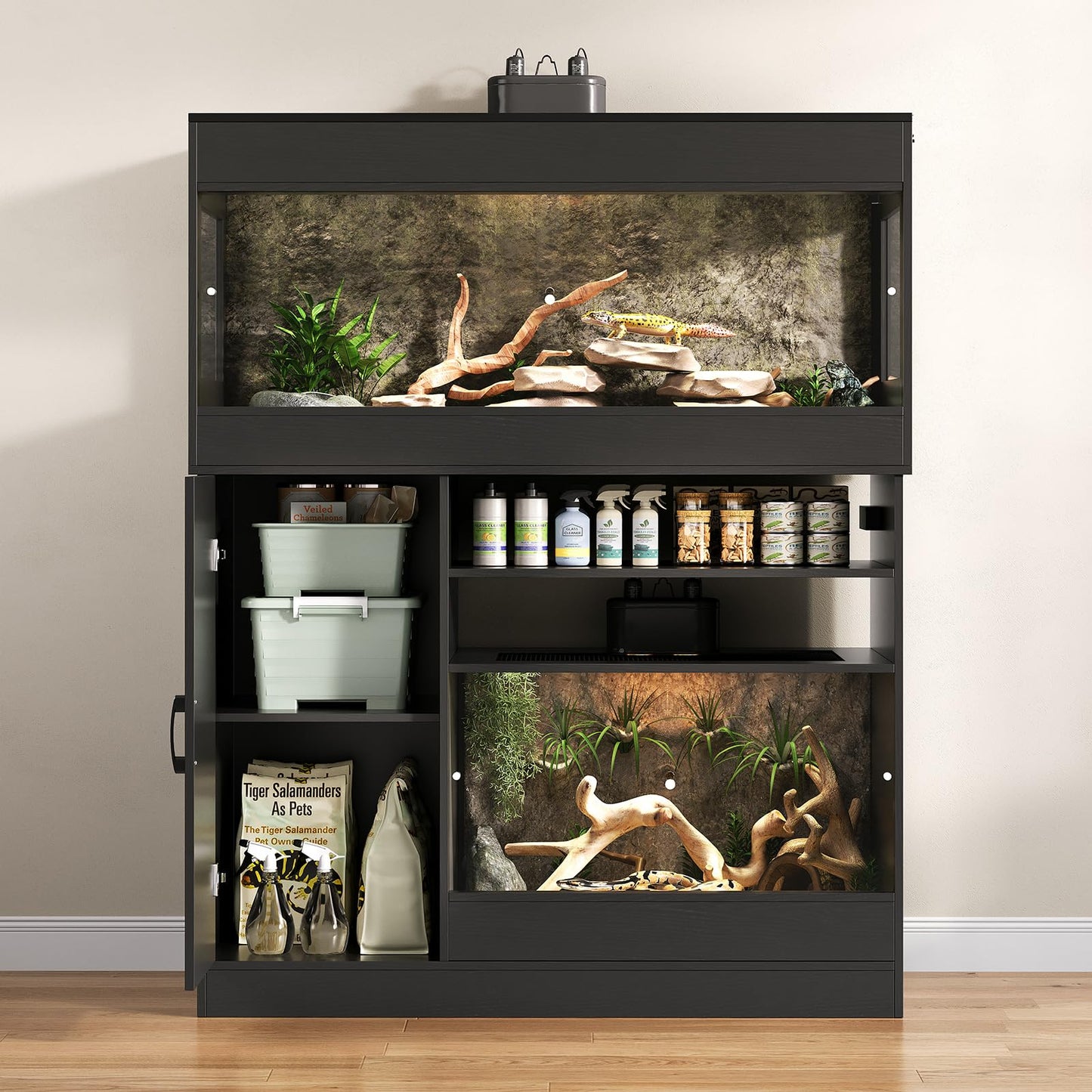 Terroute Dual Reptile Enclosure with Stand for Multiple Pets,120 Gallon Reptile Tank & 60 Gallon Reptile Terrarium with Cabinet,Sliding Doors,Power Outlet for Snakes,Lizards,Geckos Black CAGE004B
