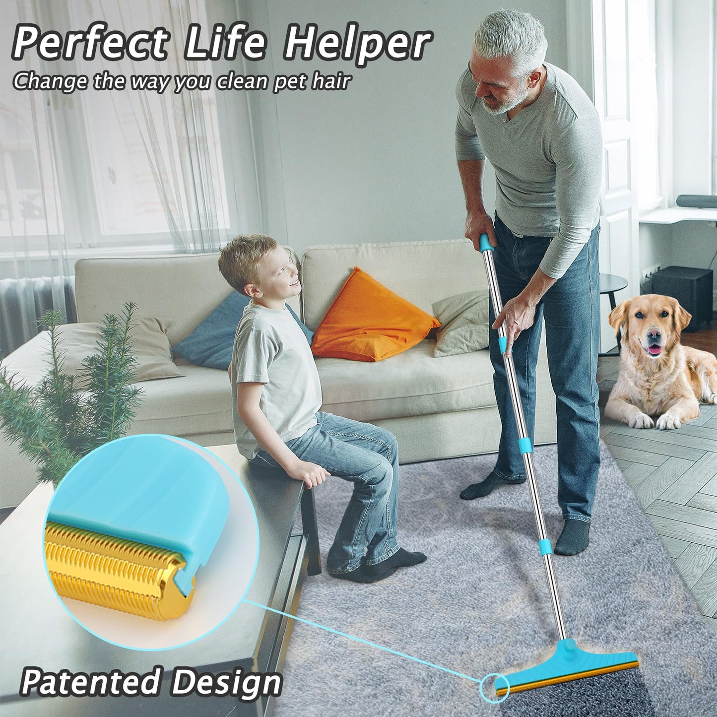 Carpet Rake for Pet Hair Removal - Reusable Pet Hair Remover, 60” Adjustable Long Handle Cat Dog Carpet Rake Scraper with Patented Design, Dog Hair Rake Brush for Rugs, Mats