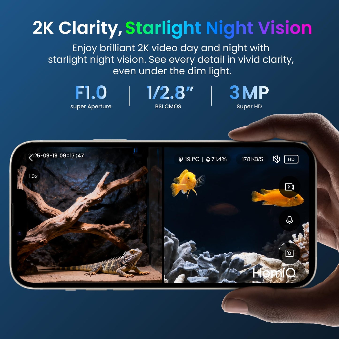 HOMIQ LIFE 3MP 2K Aquarium & Terrarium Pet Camera.Install &Close-Focus Lens for Fish,Lizard, Reptile Pet and Window Bird Feeder,2.4GHz & 5GHz WiFi,Auto-Focus,24/7 Recording