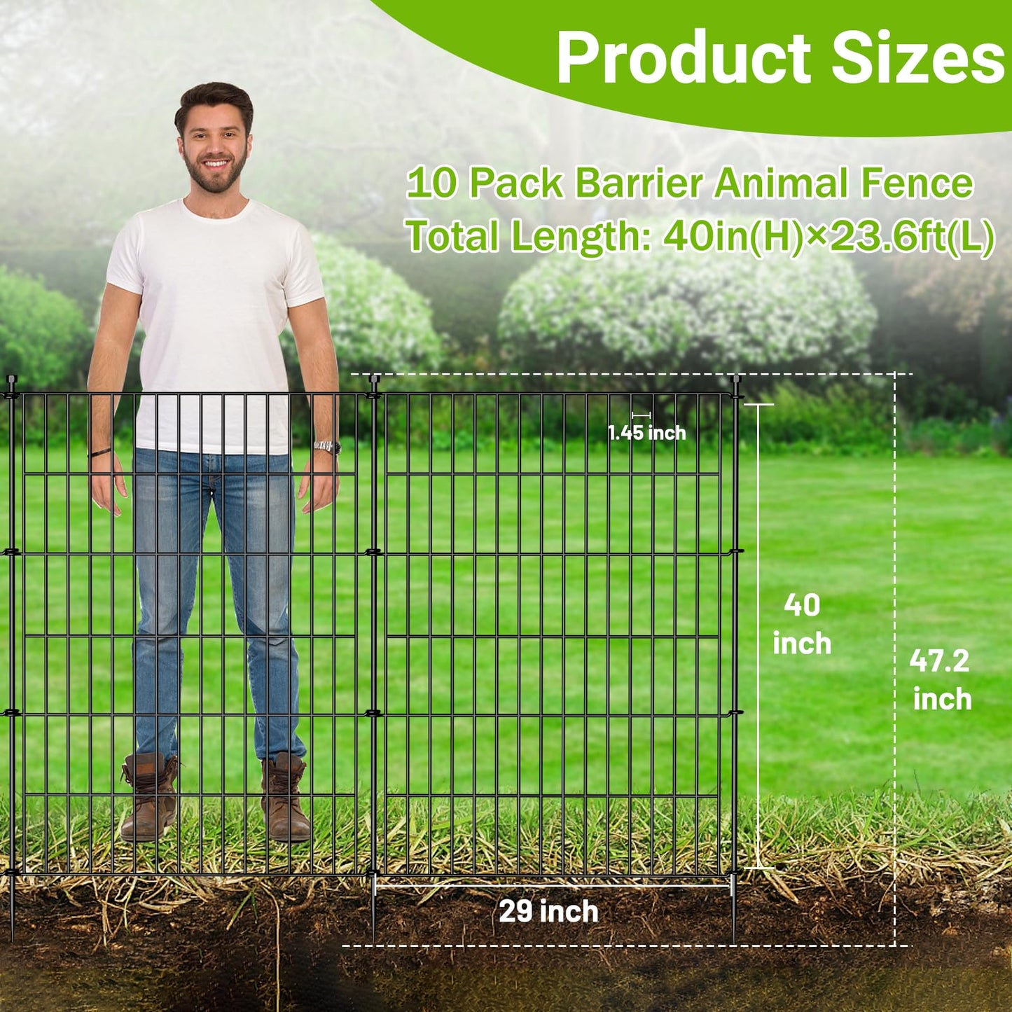 10 Panels No Dig Decorative Outdoor Garden Fence with Gate for Yard, 40 in(H) X 23.6 ft(L) Animal Barrier Fencing Rustproof Metal Wire Panel Border for Dog, Rabbits, and Patio Temporary Ground Stakes
