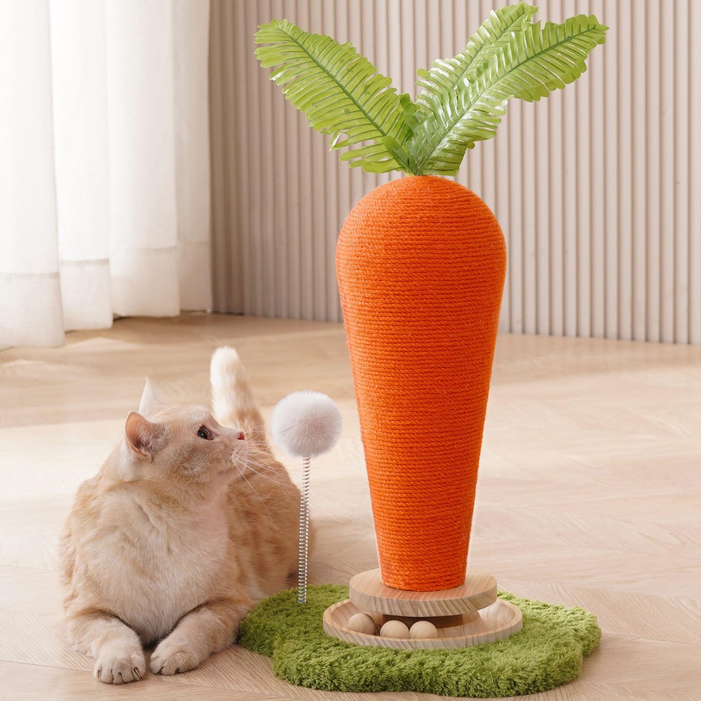 Cute Cat Scratching Post, Carrot Cat Scratcher Post with Durable Natural Wooden Turntable Toy and Catnip, 24'â H Carrot Shape Design Sisal Cat Tree Sisal Scratcher for Indoor Cats (Cloud Base)