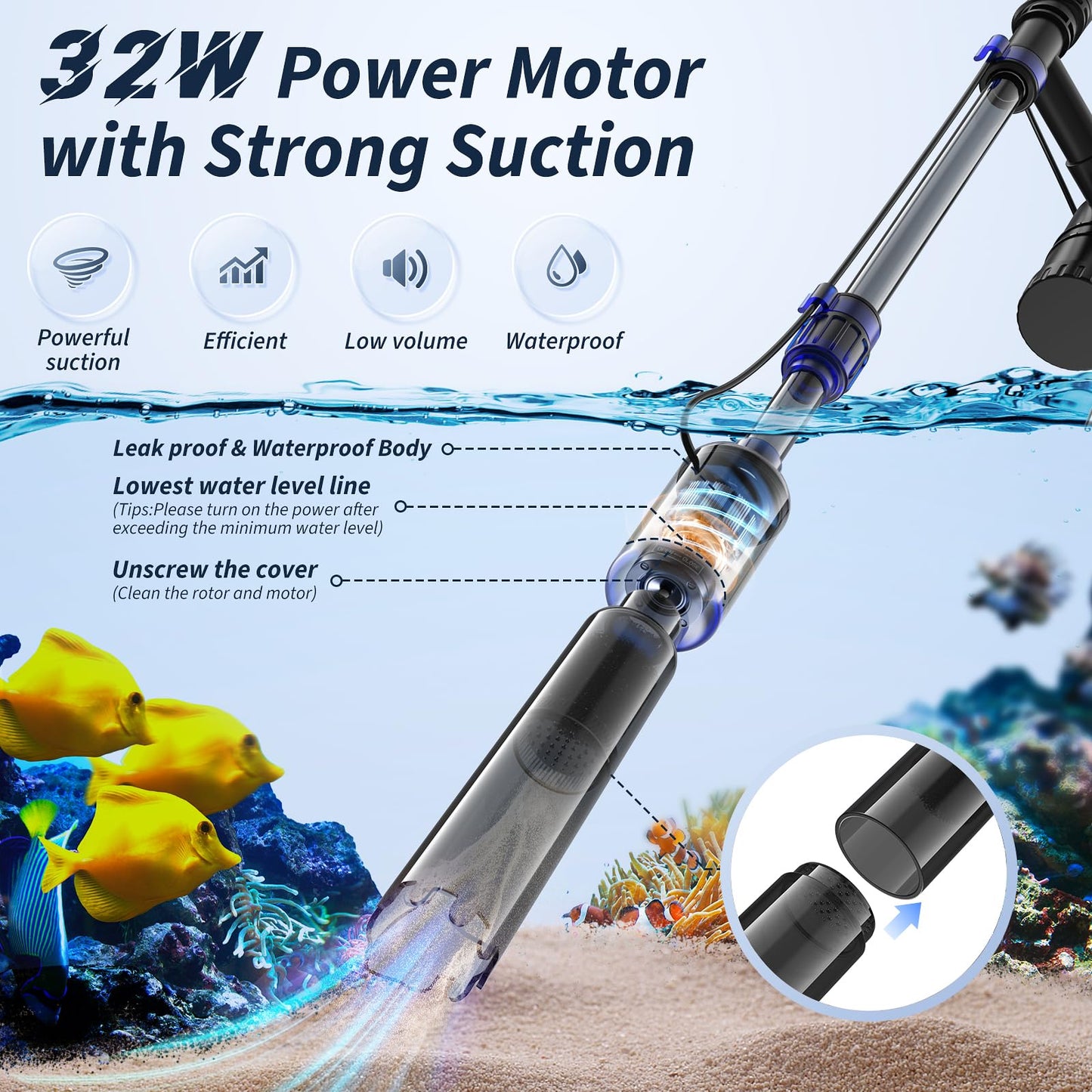 Fish Tank Cleaner, Aquarium Gravel Cleaner, 530GPH/32W Electric Fish Tank Cleaning Tools, Adjustable Water Flow Fish Tank Gravel Cleaner Vacuum, Aquarium Cleaner Kit for Water Chang, Wash Sand (Blue)